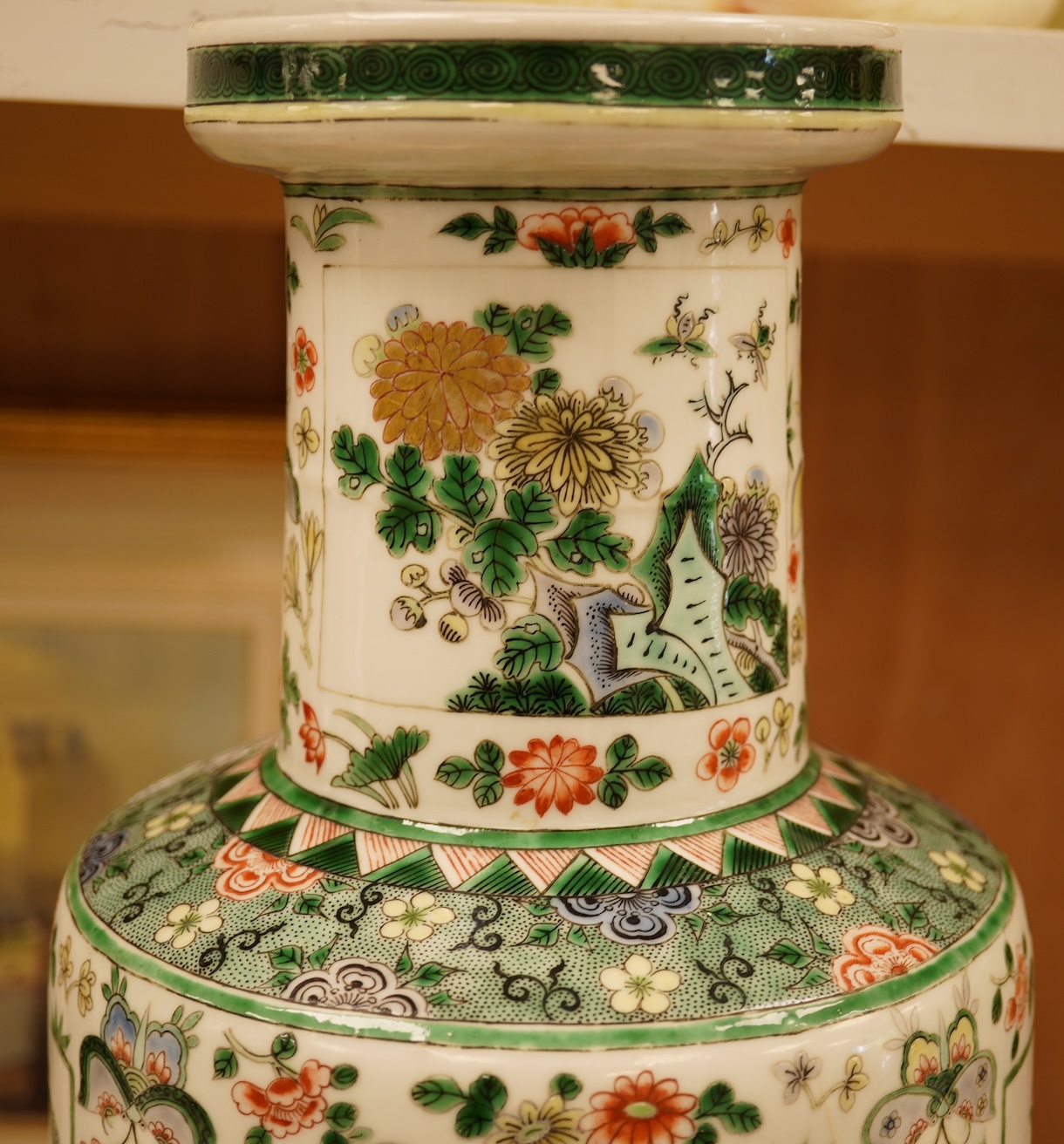 A Chinese famille verte rouleau vase, 19th century, 46cm